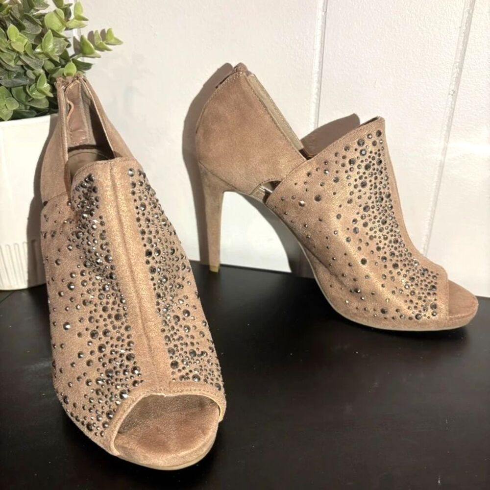 Jennifer Lopez Jezabelle Rhinestone Peep Toe Booties Taupe Stiletto Heels Wms 8